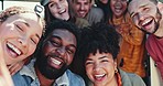 Selfie, smile and face of friends on road trip in a caravan having fun, bonding and laughing together. Happy, diversity and portrait of young people taking picture with positive attitude on adventure