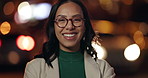 Face, smile and business woman in city at night, bokeh and working outdoor. Portrait, happy professional and corporate consultant, entrepreneur in glasses and female employee in urban town in Brazil