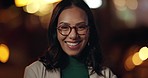 Night, face and happy business woman in a city for travel, opportunity or journey with bokeh on blurred background. Portrait, smile and female entrepreneur outdoor for evening commute after work