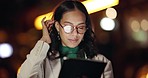 Business woman, tablet or reading in city night bokeh for creative deadline check, planning or website design review. Research, serious or Portugal person working late in urban road on technology app