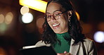 Woman, tablet and smile at night for message, report and project update for deadline. Businesswoman, proposal and agenda on street, bokeh and working late in city, online research and email on tech