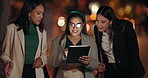 Night, women and tablet with teamwork, business and teamwork in a city, connection and search internet. People, staff and group with technology, outdoor and evening with website information and email