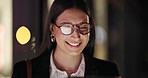 Night, business and woman with glasses, office and career with brand consultant, reflection and smile. Person, employee and worker with eyewear, evening and startup with thinking, corporate and ideas