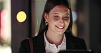 Woman, tablet and smile at night for text, report and project update for deadline. Businesswoman, proposal and agenda on street, bokeh and working late in city, online research and email on tech