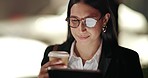 Night, business and woman with glasses, tablet and career with brand consultant, entrepreneur and coffee. Person, employee or agent with eyewear, evening and technology with thinking, tea or internet