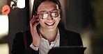 Outdoor, night and woman with phone call, evening and contact with connection, consultant and discussion. Person, worker and employee with a cellphone, evening and smile with mobile user and speaking