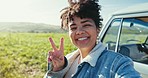 Smile, selfie and face of woman in nature by a caravan on a road trip for adventure and fun. Happy, peace hand sign and portrait of female person from Mexico taking a picture outdoor by countryside.