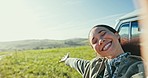 Smile, selfie and face of woman by a caravan on a road trip in nature for adventure and fun. Happy, travel and portrait of young female person from Mexico taking a picture outdoor by countryside.