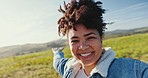 Excited, vlogging and face of woman in nature on adventure with a caravan on road trip for fun. Happy, travel and portrait of young female person from Colombia recording video outdoor by countryside.