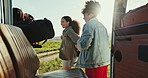 Road trip, backpack and women friends in the countryside for travel, adventure and explore nature together. Field, trip and happy group of people on weekend journey excited, bond and walking outdoor