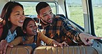 Travel, parents and girl in car for road trip, adventure and explore on holiday, weekend and vacation. Family, transport and mother, father and child with window view for journey, bonding and relax