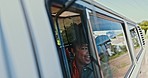 Happy, excited people and road trip with freedom, travel and adventure in a car window on a drive. Woman, together and transportation for summer holiday and commute for vacation in motor with smile