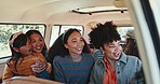 Road trip, travel and friends in car for adventure, journey and freedom outdoors with scenic view. Family, transport and people excited in motor vehicle for holiday, vacation and weekend in nature