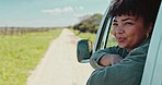 Road trip, window and woman in car for travel, holiday and vacation on drive in countryside road. Nature, happy and person in motor vehicle for transport on adventure, freedom and journey outdoors