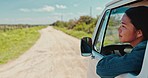 Road trip, travel and woman in car window for drive, holiday and vacation in countryside road. Nature, happy and person in motor vehicle for transport on adventure, freedom and journey outdoors