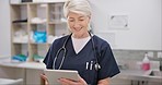 Vet, tablet and mature woman typing medical research, search clinic database or healthcare support data. Online records, professional veterinarian and reading veterinary care, help or services info