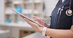 Hands, tablet and vet person typing medicine research, search clinic database or healthcare support data. Industry closeup, veterinarian and reading veterinary report, feedback or medical information