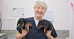 Doctor, love and puppies with an old woman vet in an animal clinic for healthcare or treatment. Portrait, smile and a happy senior medicine professional working with dogs as a medical veterinarian