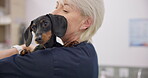 Love, smile and puppy with an old woman vet in an animal clinic for healthcare or treatment. Smile, hug and a happy senior medicine professional working with a small dog as a medical veterinarian