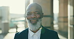 Happy face, mature black man and ceo in city, lens flare and boss outdoor in urban town. Portrait, business professional smile and confident entrepreneur, consultant or corporate manager in Nigeria