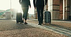 Suitcase, business people and feet with travel at airport with walking and luggage for international work commute. Transportation, staff back and corporate employee ready for journey and job trip