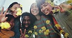 People, friends and peace sign in field, outdoor or summer adventure, flowers or nature in countryside. Women, man and floral park with canola, leaves or face for freedom, emoji and memory in spring