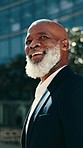 Thinking, black man and mature ceo in city, vision and idea outdoor in urban town. Smile, dream and business professional contemplating future, manager planning strategy or consultant decision making