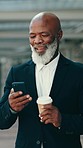 Phone text, laughing or businessman in city travel for corporate meme, networking or social media joke. Smile, walking or mature African professional and mobile technology, funny news or coffee break