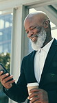 Mature businessman, phone or networking in city travel for corporate email management, communication or negotiation. Smile, walking and African professional CEO on mobile technology and coffee break