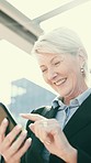 Phone, laughing or business woman in city travel for corporate meme, networking or social media joke. Smile, walking or mature professional ceo with mobile technology text, funny news or lens flare