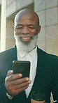 Businessman with smile, phone and office building, typing message or social media post outside law firm. Happy black man, lawyer or attorney with smartphone, checking email agenda or online schedule.