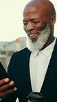 Businessman with smile, phone and office building, reading message or social media post outside law firm. Happy black man, lawyer or attorney with smartphone, checking email agenda or online schedule