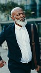 Corporate, city and mature black man running, late or hurry to appointment, company job or morning trip, commute or journey. Travel problem, risk and urban person rush for business work schedule