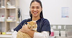 Face, veterinary and happy woman with pet cat for care in healthcare clinic. Vet, kitty and portrait of Asian medical professional, doctor and veterinarian employee work, checkup and animal treatment