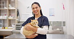 Face, vet and happy woman with pet cat for care in healthcare clinic. Veterinary, kitty and portrait of Asian medical professional, doctor and veterinarian employee work, checkup and animal treatment