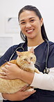 Face, vet and happy woman with pet cat for care in healthcare clinic. Veterinary, kitty and portrait of Asian medical professional, doctor and veterinarian employee work, checkup and animal treatment