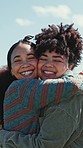 Hug, girl friends and face closeup with smile in nature on holiday with road trip and journey. Happy, women and countryside with vacation, adventure and excited together with laughing and travel