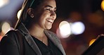 Woman, tablet and smile at night for chat, report and project update for deadline. Female model, proposal and agenda on street, bokeh and working late in city, online research and email on technology