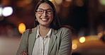 Face, arms crossed and business woman in city at night, bokeh and working outdoor. Portrait, happy professional and confident consultant, entrepreneur in glasses and employee in urban town in Brazil