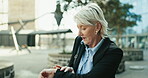 Late, senior and a business woman running to work to make an appointment while checking her watch. Time, delay and rush with am elderly manager or CEO in a hurry while moving at speed in the city