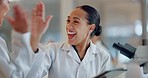 Teamwork, scientist or women high five for success, medicine breakthrough or partnership in lab. Science, collaboration or happy doctors celebrate medical support, goal target or DNA news with smile