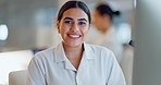 Science, research and portrait of happy woman in laboratory with microscope, computer and confidence. Medical career, smile on scientist or lab technician in study for healthcare, medicine and test.