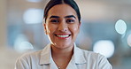 Lab face, science woman and happiness for chemistry development, medical innovation or scientific success. Laboratory portrait, job experience or scientist smile for healthcare support, help or study