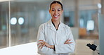 Lab woman, arms crossed and scientist smile for job experience, medical research or pharma investigation. Portrait, laboratory study or professional person working on healthcare science development