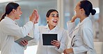 Science people, high five and tablet for teamwork, research results and medical goals, wow or yes in laboratory. Scientist, students or women on digital technology in group success or online solution