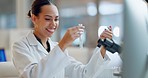 Science, research and happy woman with pipette, microscope and biotech solution in laboratory. Medical innovation, scientist or lab technician in study for healthcare, medicine check and vaccine test