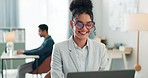 Happy woman with glasses, laptop and typing in coworking space, research and online schedule at consulting agency. Office, networking business and girl at computer writing email, review or report.