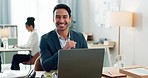 Portrait of man with smile, laptop and coworking space for research, online article and consultant at agency. Office, happiness and businessman at computer typing email review, feedback or report.