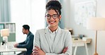 Portrait of woman with smile, arms crossed and coworking space for research, admin and consultant at agency. Office, networking business and face of happy girl with confidence, leadership at startup.