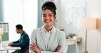 Portrait of woman with smile, confidence and coworking space, manager for online research and consulting agency. Office, happiness and businesswoman with arms crossed, leader and entrepreneur at work